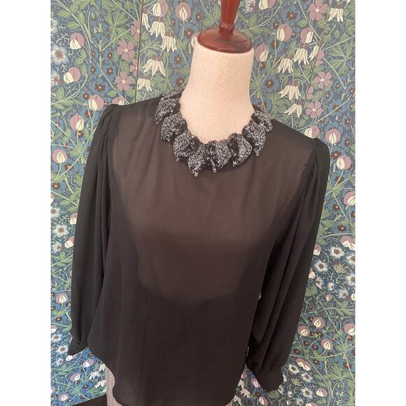 Vintage sheer black blouse with beaded collar, size M/L - Picture 3 of 6